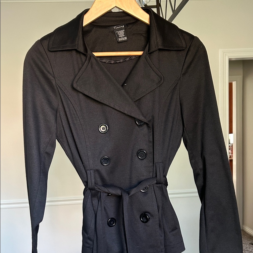 Timing Classic Black Double-Breasted Trench with Waist Tie